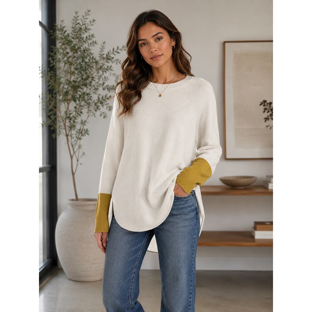 Anthropologie Rebekah colorblock Sz L sweater mustard cuffs curved dolphin hem